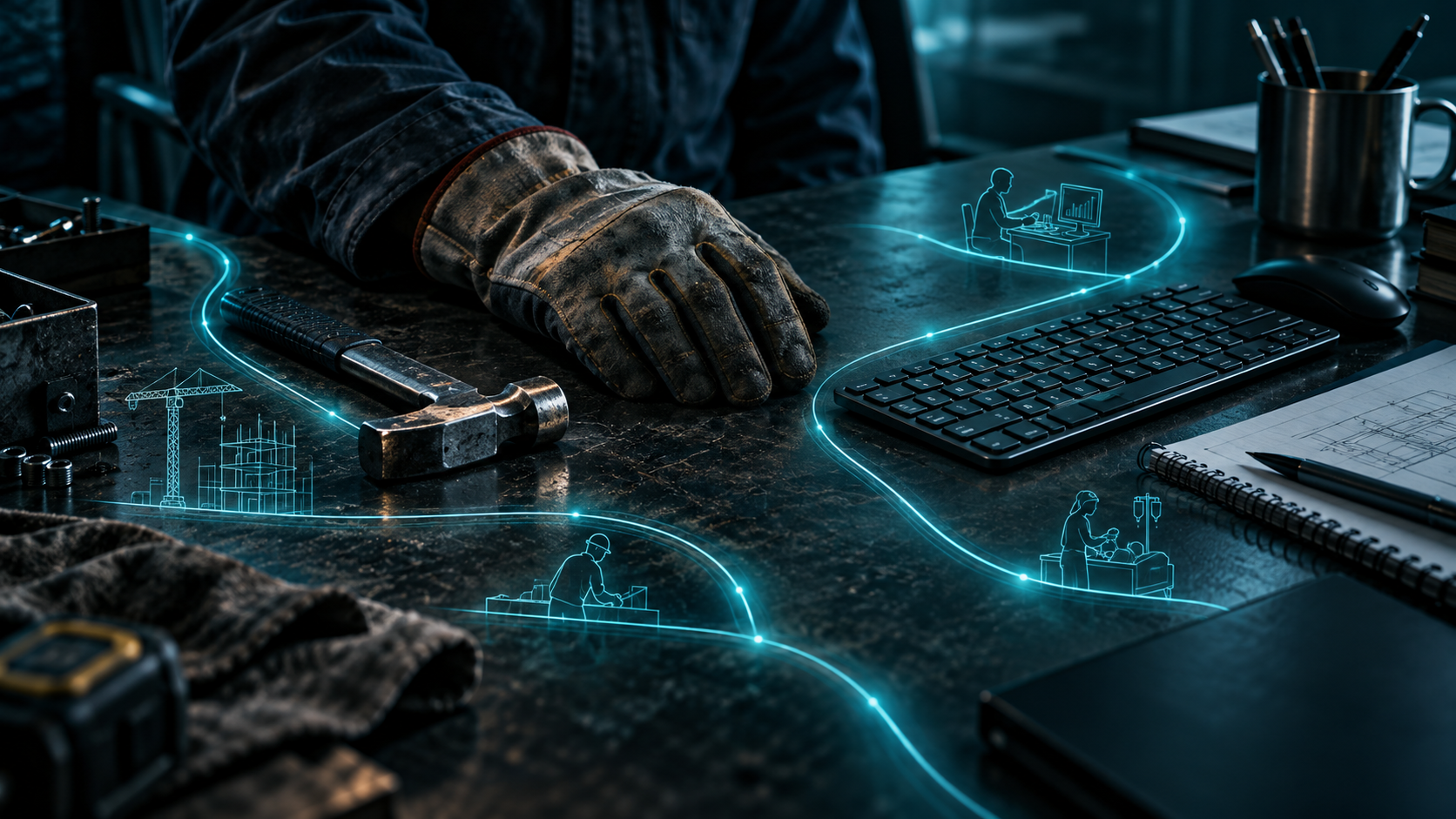 Herramientas manuales y teclado unidos por trazos de luz azul